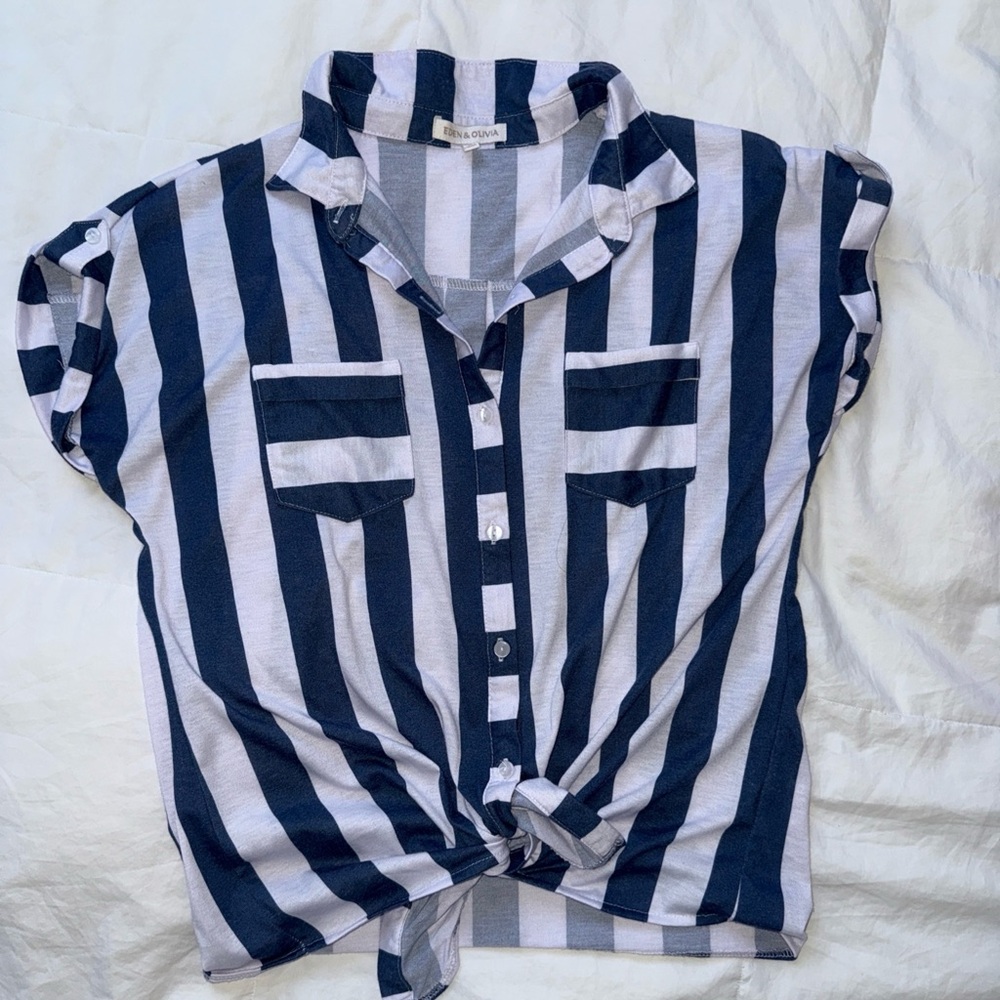 Navy Blue & White Striped Button Down With Tie Down Front